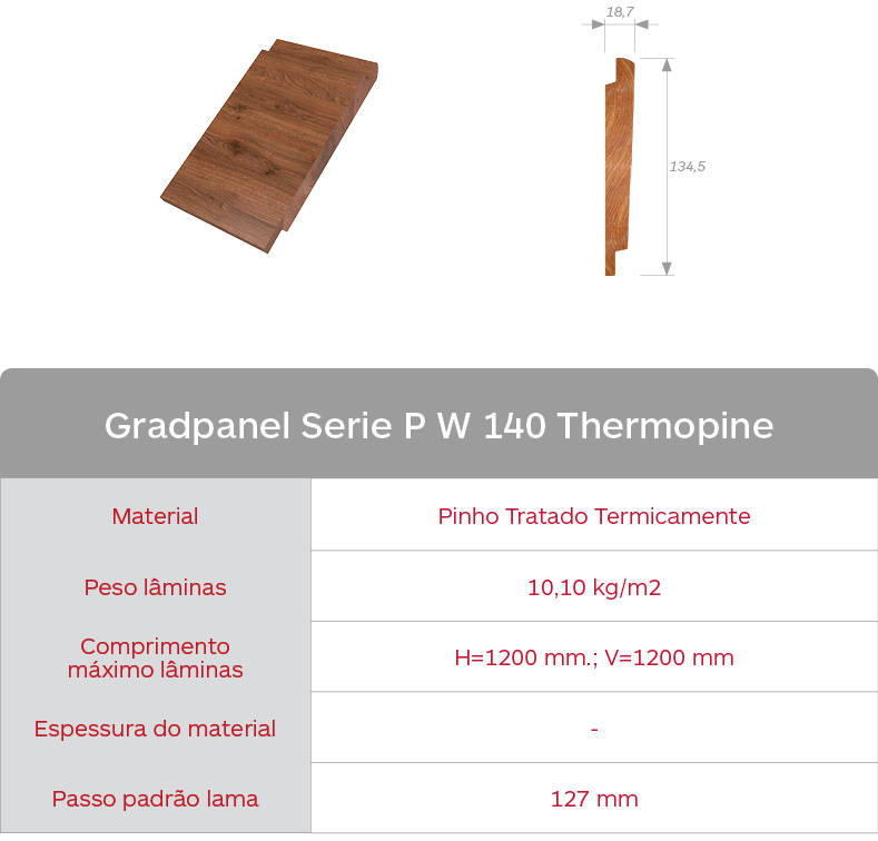 Gradhermetic. Celosías de madera de pino termotratado Gradpanel Serie P W 140 Thermopine. Tabla características lama